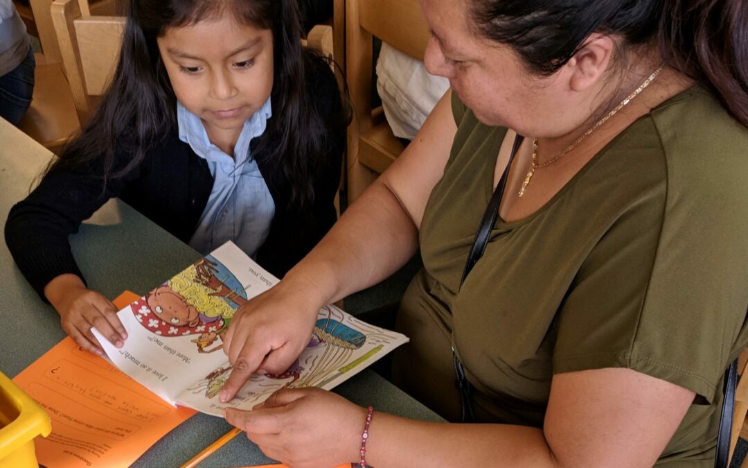 Child sitting with a family member that is pointing out a word in a children’s book at a Springboard Collaborative family workshop